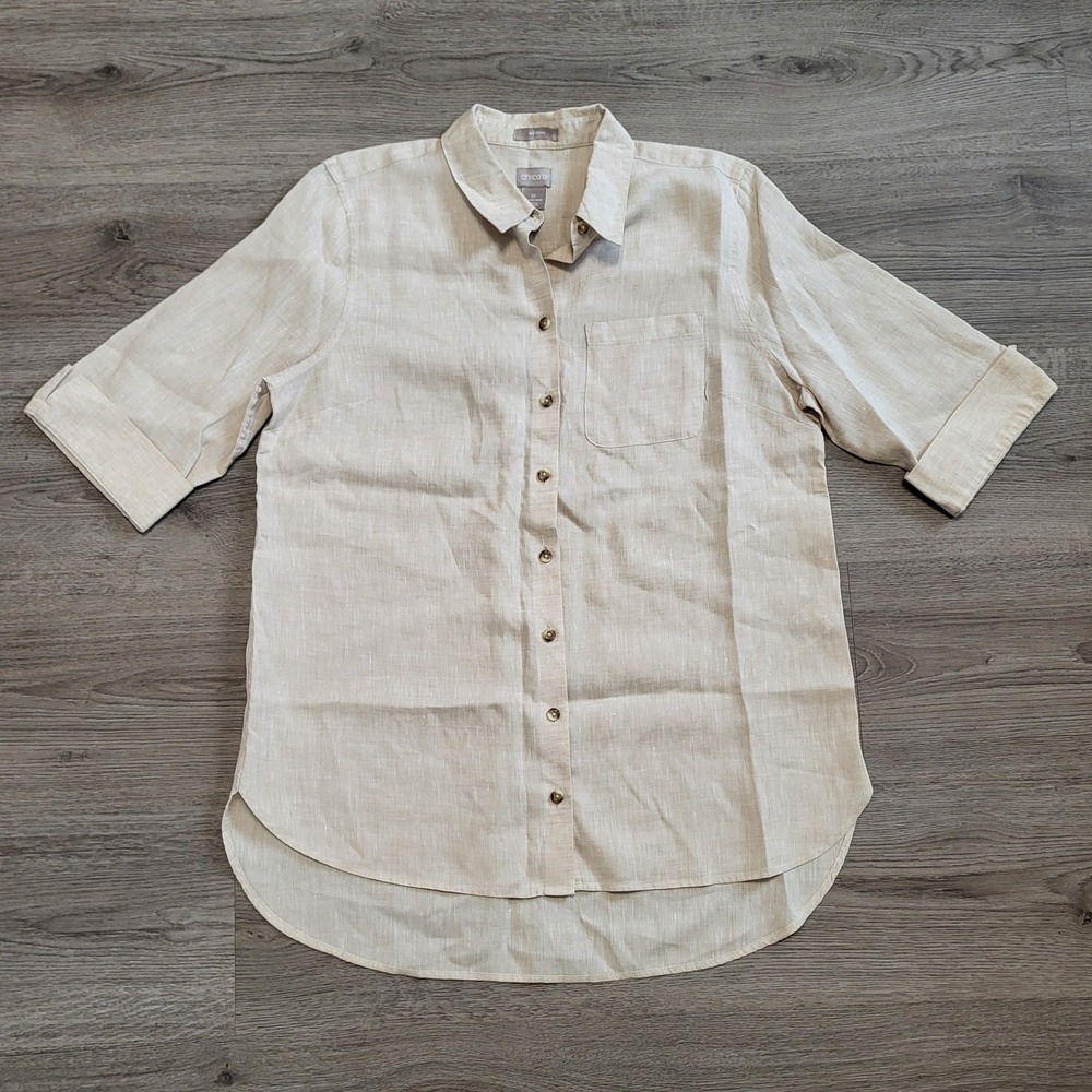 Chicos Pure 100% Linen Button Down Shirt Beige Oatmeal Petite 8 10 Natural Fiber